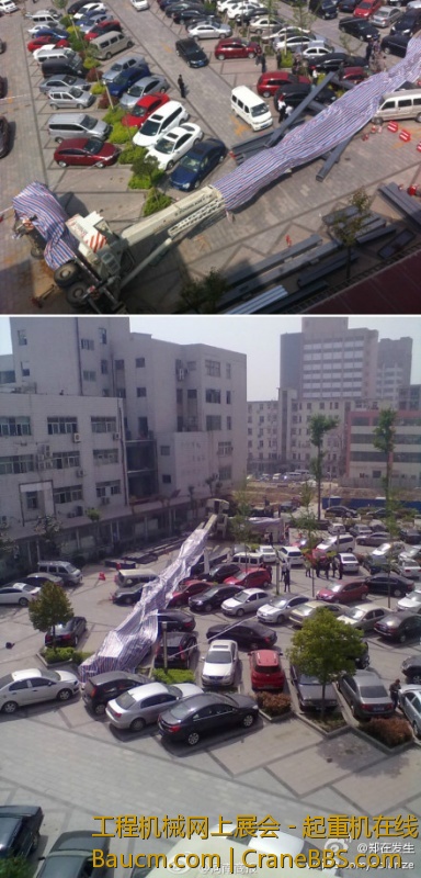 【郑州市中心医院一塔吊车侧翻 砸中多辆轿车】今天上午9点50分许，郑州市中心医院（四.jpg